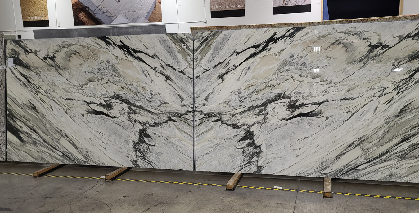 Bookmatched slab feature wall or backsplash design