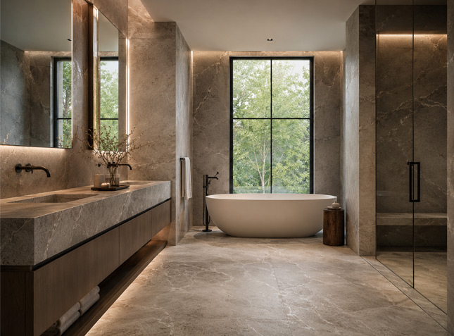 Bathroom vanity with quartz countertop and soft neutral tile design
