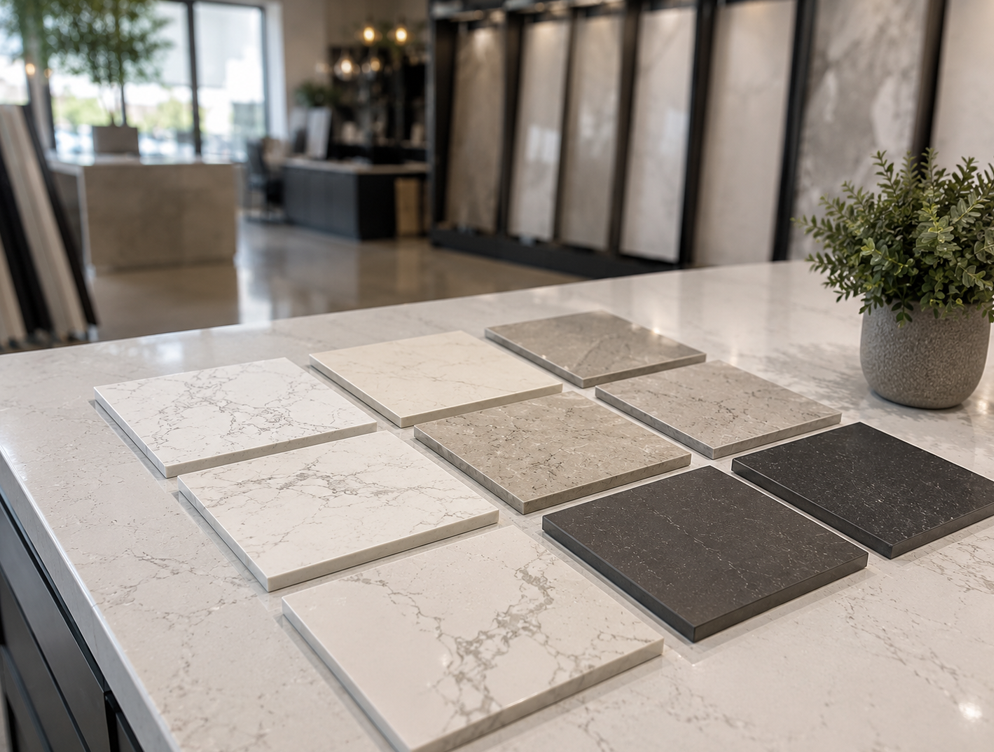 Quartz countertop color samples and slab options in a Sacramento showroom
