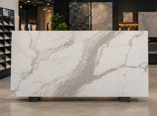 Quartz countertop showroom consultation with cabinet and backsplash samples