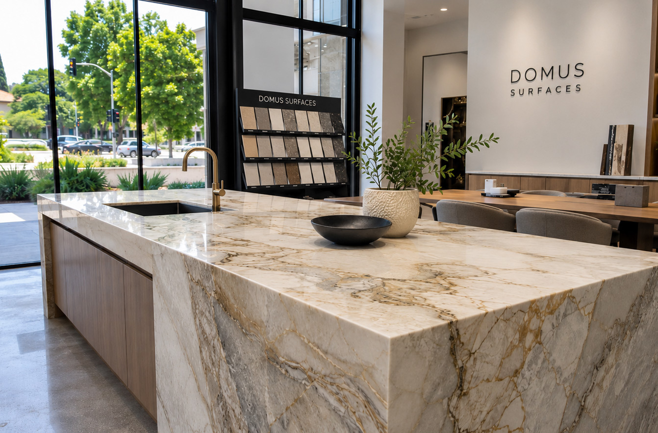 Sacramento quartzite countertop showroom with natural stone slabs for kitchens and bathrooms