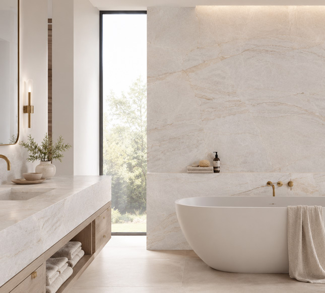Taj Mahal quartzite bathroom vanity with creamy natural stone tones